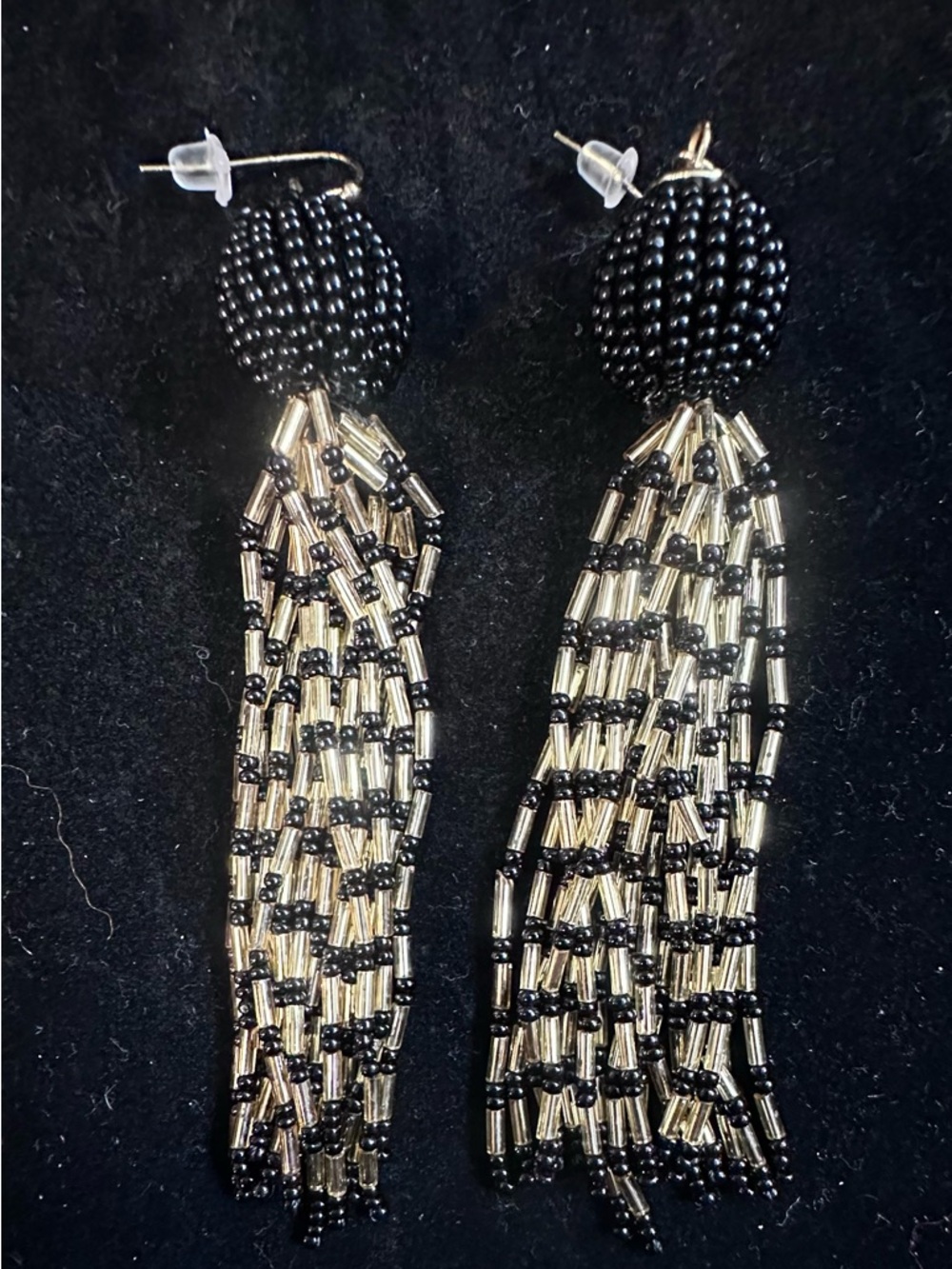 300- Beautiful Statement Beaded Tassel Drop Earrings - Blk & Gold